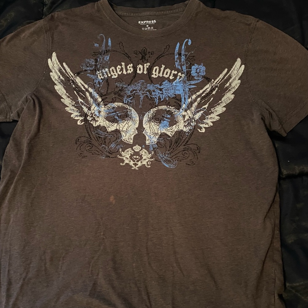 Express Men's Dark Brown Tee with Blue and White Graphic